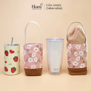 Túi đựng ly đựng bình nước vải canvas phối vải in hoa trà trắng Hiany AX15