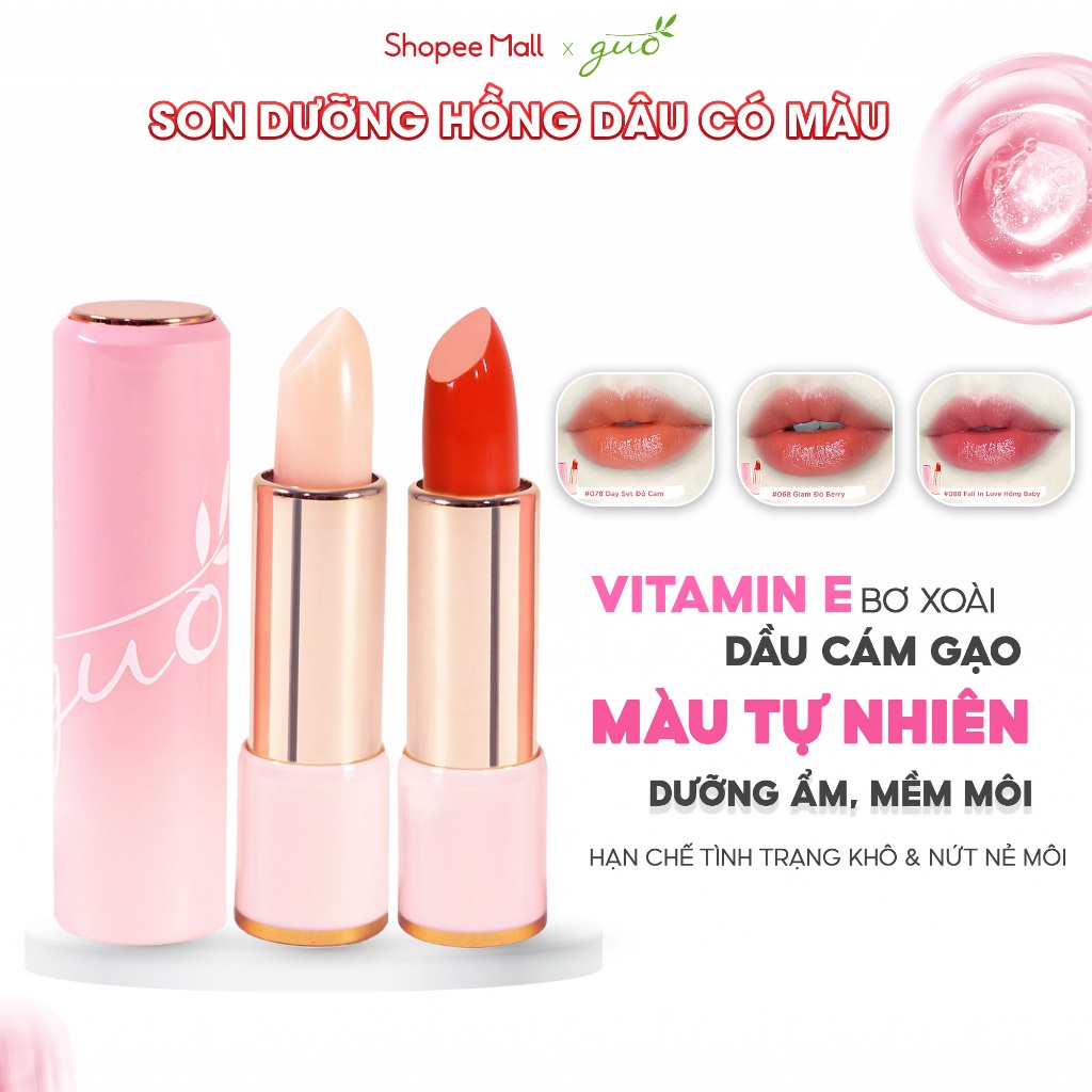 Ảnh Son Dưỡng Hồng Dâu Có Màu Mờ Thâm Hồng Môi 0% chì - 0% Silicones GUO 5gr 1