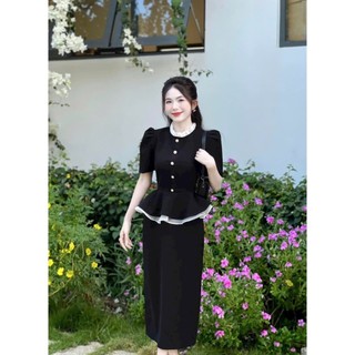 Set váy công sở chất tuyết mưa bèo tầng hai lớp áo cổ tròn tay ngắn mix chân váy dài from bút chì sang trọng
