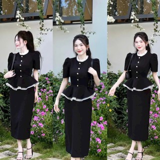 Set váy công sở chất tuyết mưa bèo tầng hai lớp áo cổ tròn tay ngắn mix chân váy dài from bút chì sang trọng