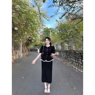 Set váy công sở chất tuyết mưa bèo tầng hai lớp áo cổ tròn tay ngắn mix chân váy dài from bút chì sang trọng