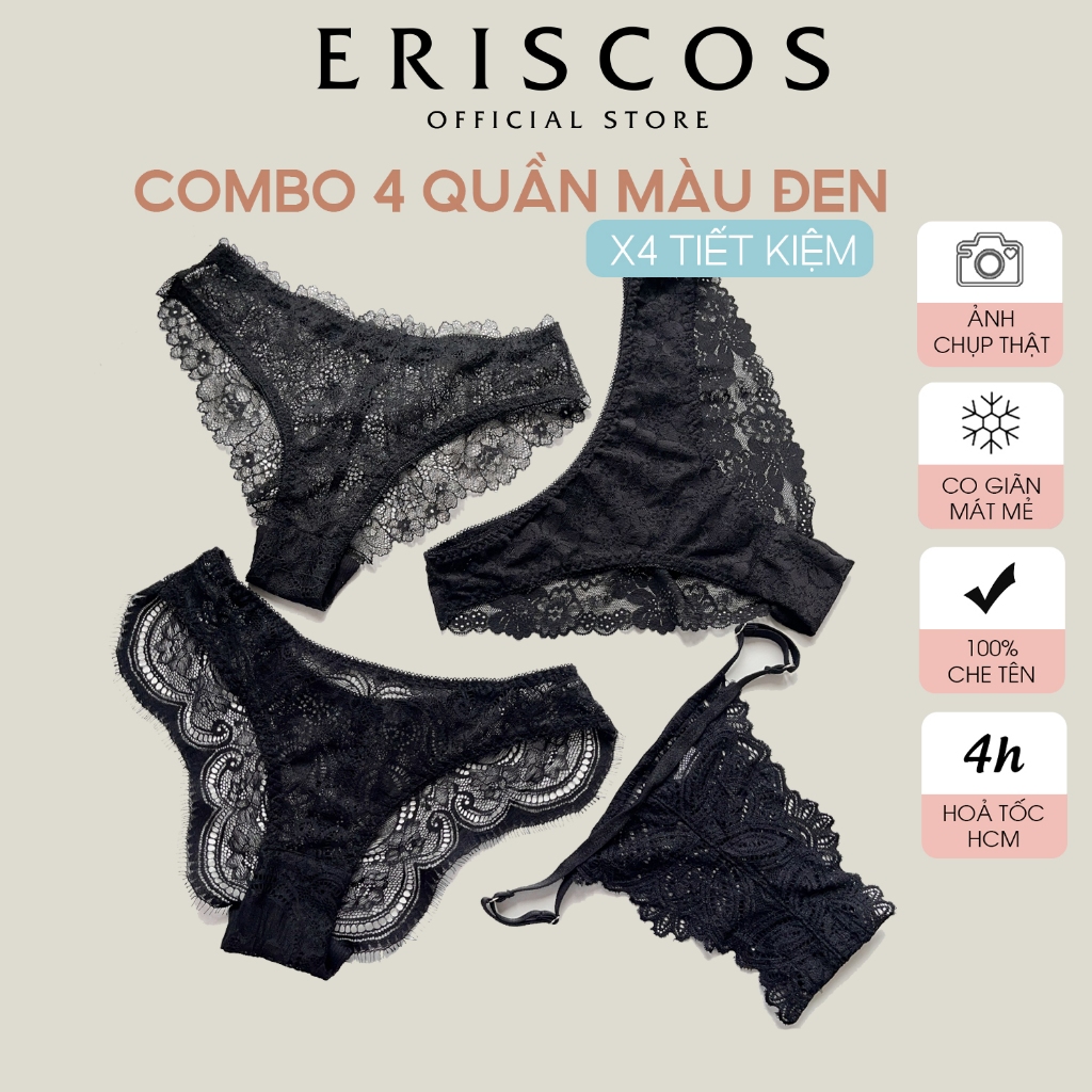 Combo 4 quần lót ren đen 4 kiểu dáng Eriscos thiết kế basic và gợi cảm màu đen co giãn mềm mát
