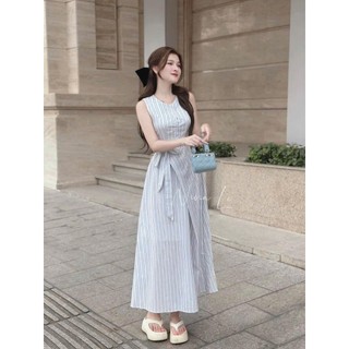 Đầm thiết kế mặc đi chơi chất lennin sọc áo sát tay cổ bẻ kèm dây thắt eo kiểu dáng nhẹ nhàng tiểu thư