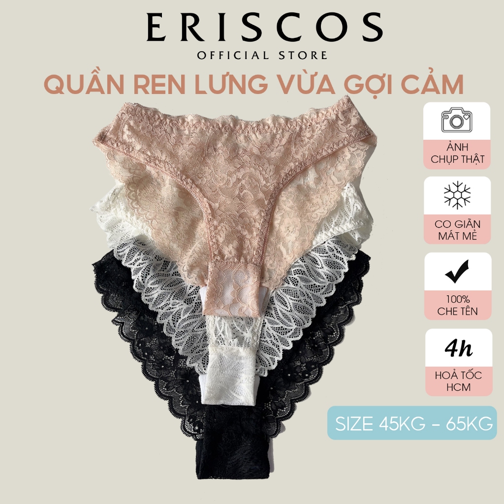 Quần lót ren nữ chất liệu ren mềm gợi cảm thoáng lưng vừa không viền mông gợi cảm co giãn màu sắc basic dễ mặc Eriscos