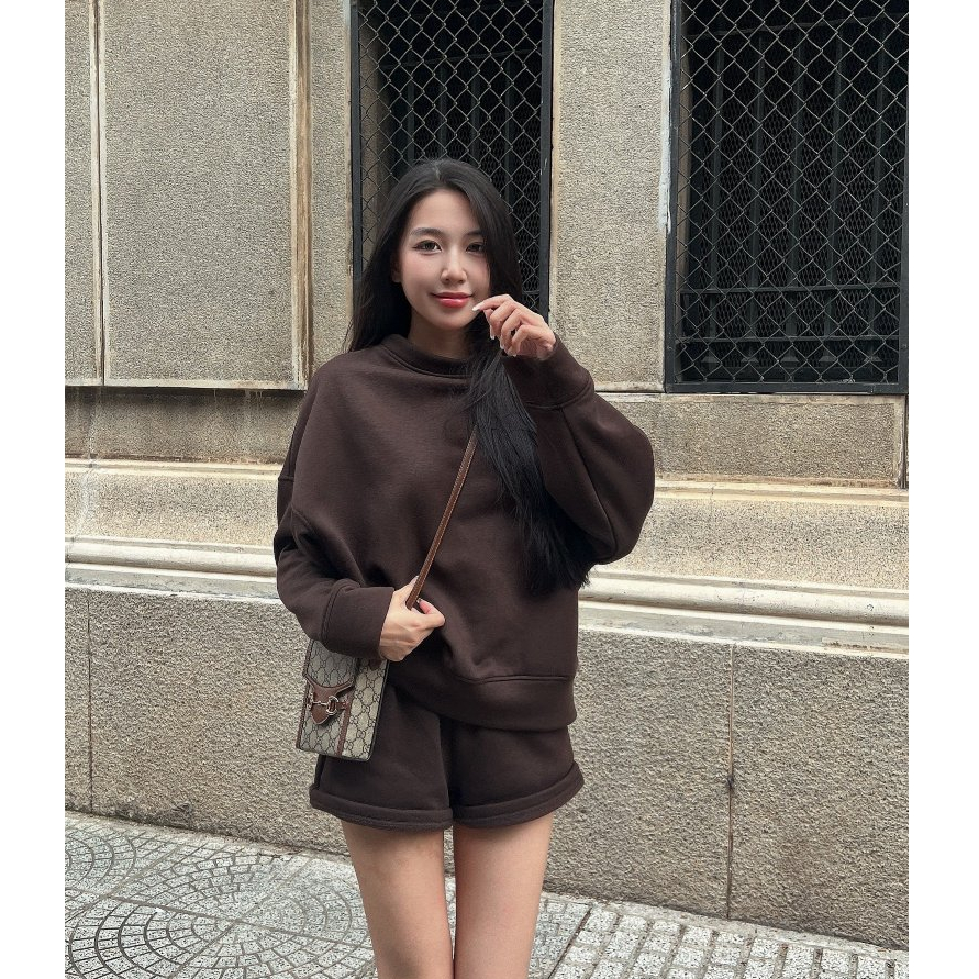 Bộ quần áo nỉ trơn oversize HHVINTAGE kiểu sweater short Set A107