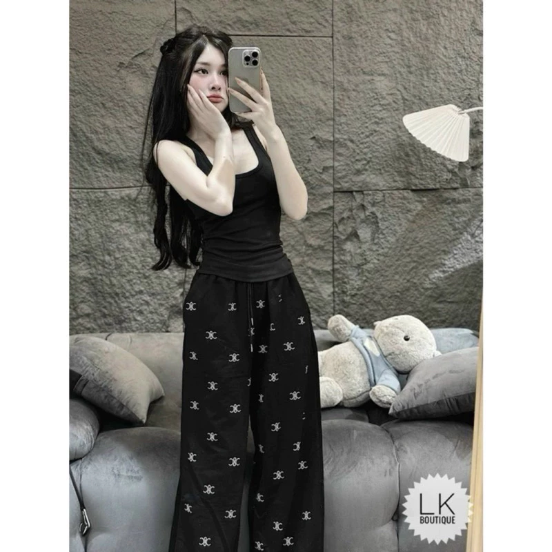 Quần Dài Nữ Ống Rộng Lưng Cao Vải Thun Tăm Họa Tiết Chữ Phong Cách Hàn Quốc