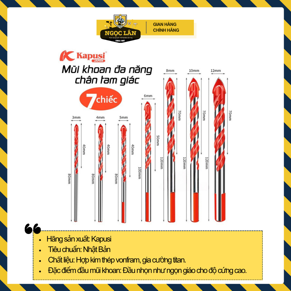 Combo 7 mũi khoan đa năng 2 cạnh Kapusi màu cam chân tam giác 3,4,5,6,8,10,12mm khoan các chất liệu kính, bê tông nhựa