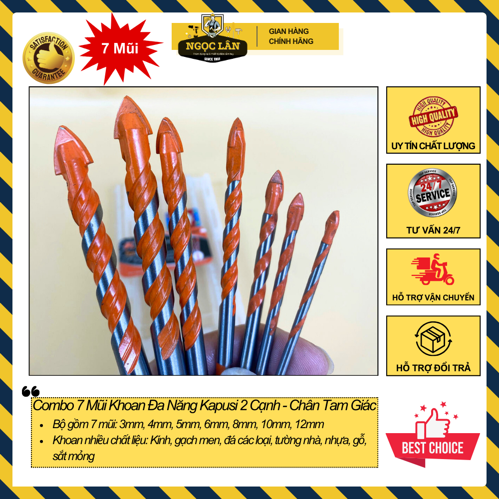 Combo 7 mũi khoan đa năng 2 cạnh Kapusi màu cam chân tam giác 3,4,5,6,8,10,12mm khoan các chất liệu kính, bê tông nhựa