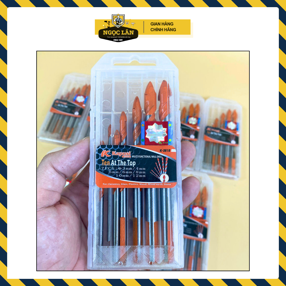 Combo 7 mũi khoan đa năng 2 cạnh Kapusi màu cam chân tam giác 3,4,5,6,8,10,12mm khoan các chất liệu kính, bê tông nhựa