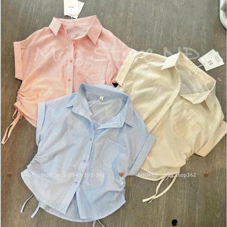 Áo kiểu sơ mi kẻ mờ rút eo bồng size S M L | Shopee Việt Nam