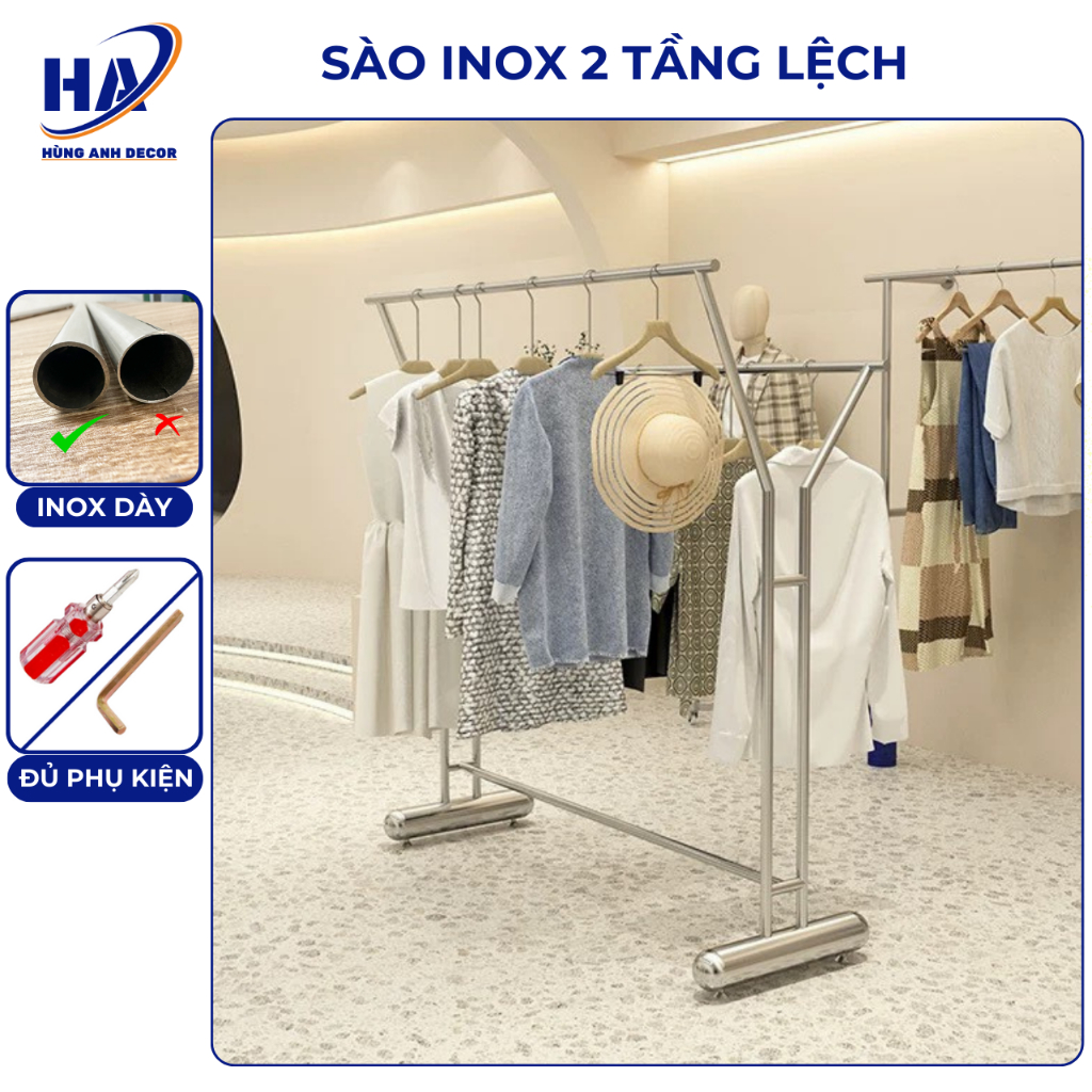 Sào inox 2 tầng lệch treo móc quần áo, livestream, trưng bày shop quần ...