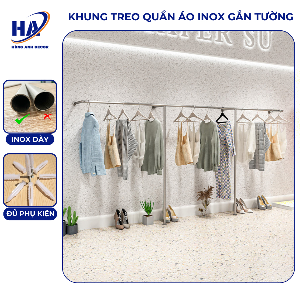 Sào treo quần áo gắn tường shop, sào treo quần áo inox decor, khung ...