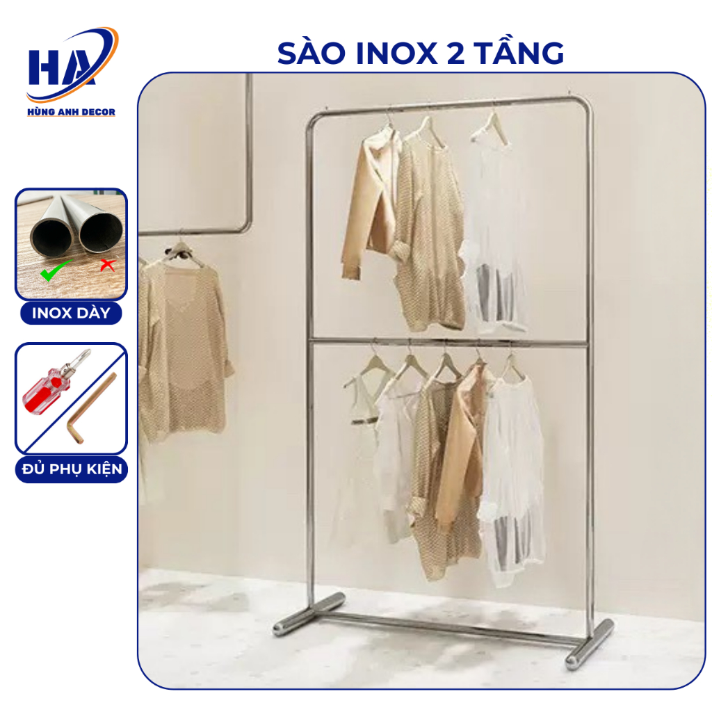 Giá kệ treo quần áo 2 tầng inox 304, sào treo quần áo 2 tầng bền bỉ ...