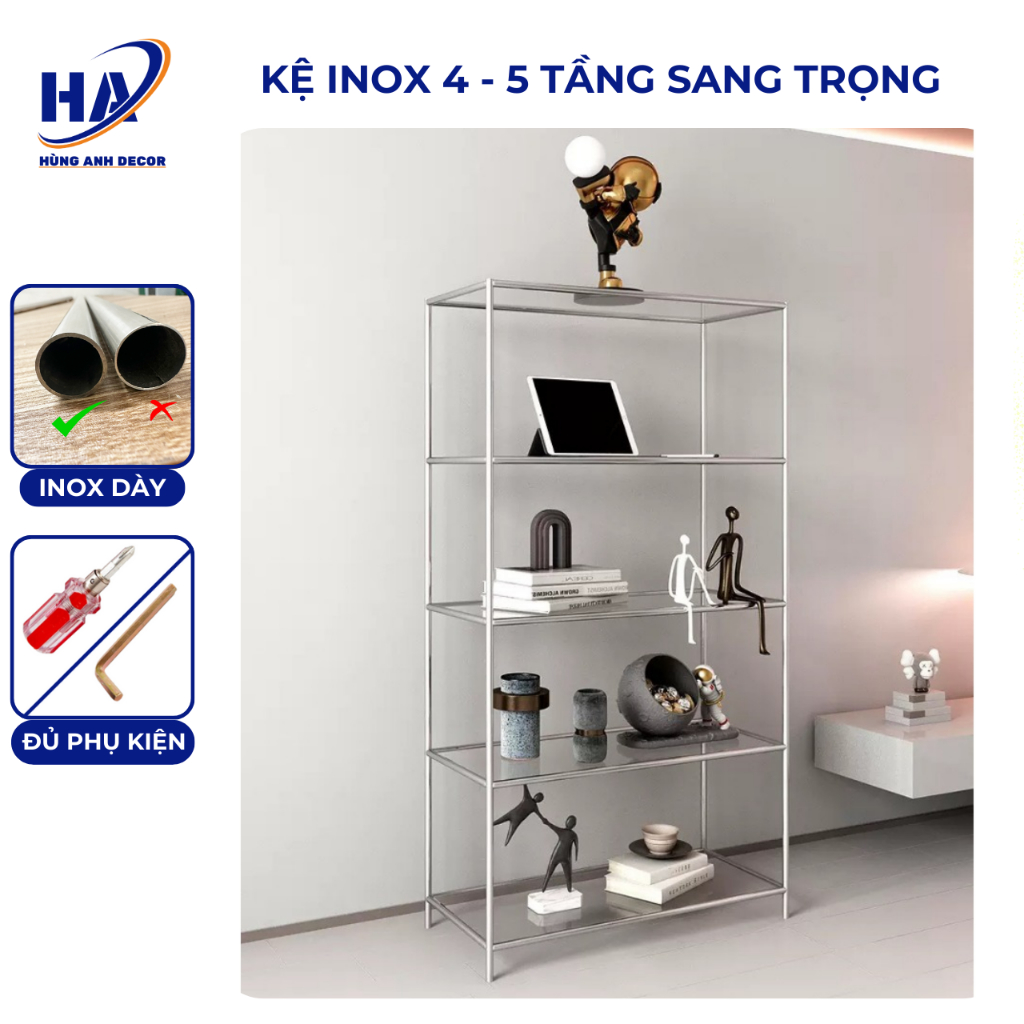 Kệ inox để đồ decor, phụ kiện mặt kính mặt gỗ 5 tầng có chân tăng chỉnh ...