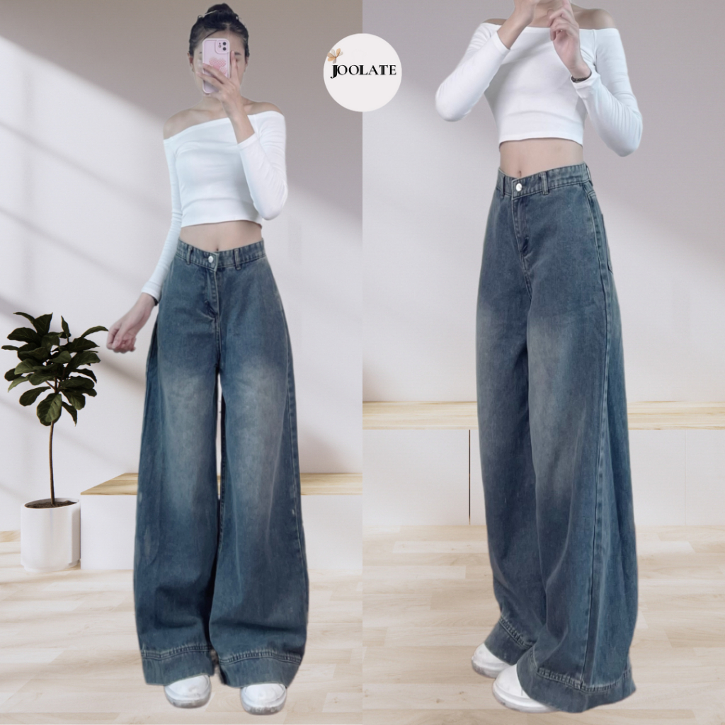 Quần jeans suông Joolate ống rộng màu xanh retro 668 P4K17