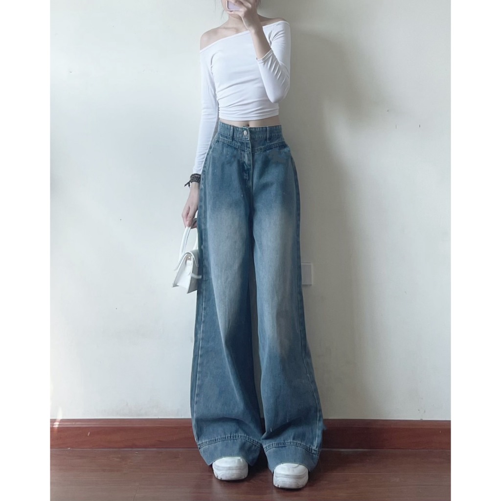 Quần jeans suông Joolate ống rộng màu xanh retro 668 P4K17