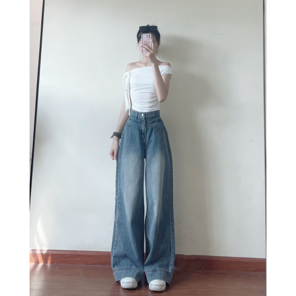 Quần jeans suông Joolate ống rộng màu xanh retro 668 P4K17