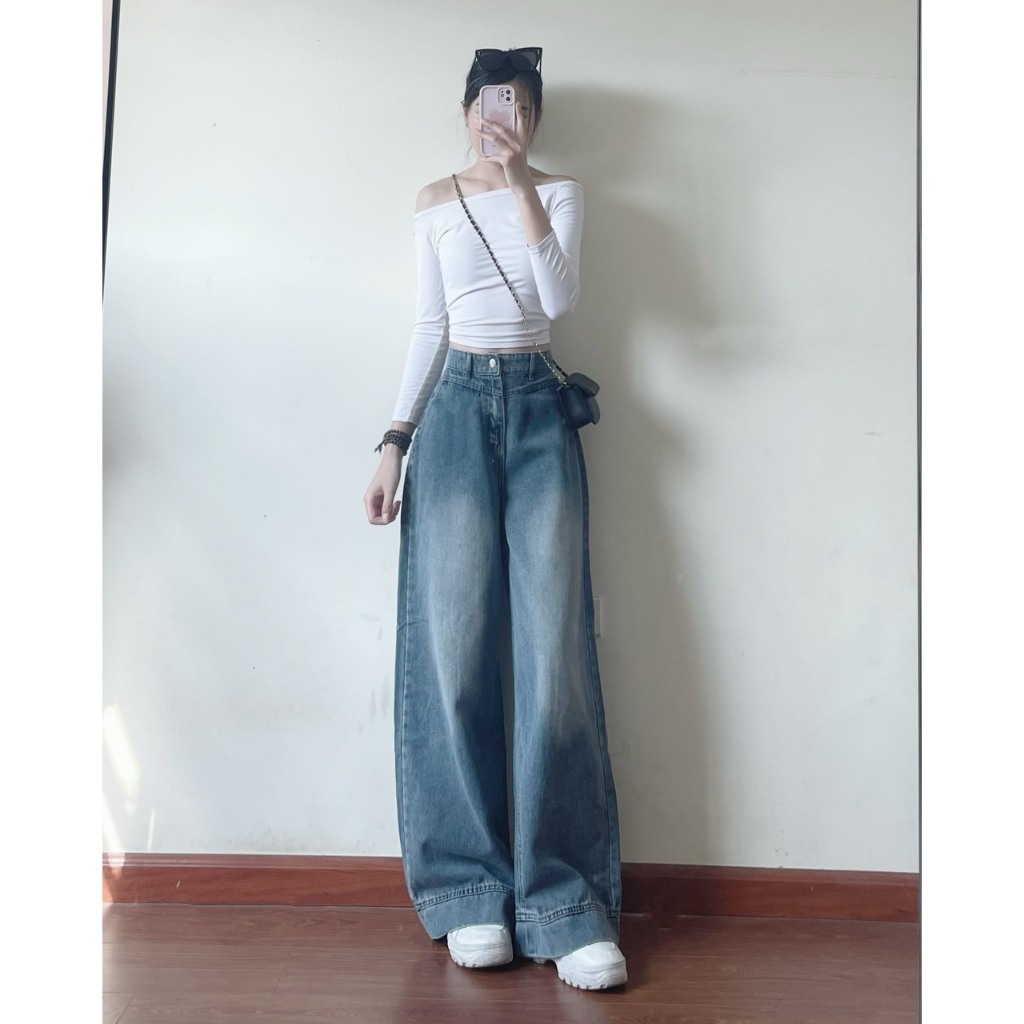 Quần jeans suông Joolate ống rộng màu xanh retro 668 P4K17