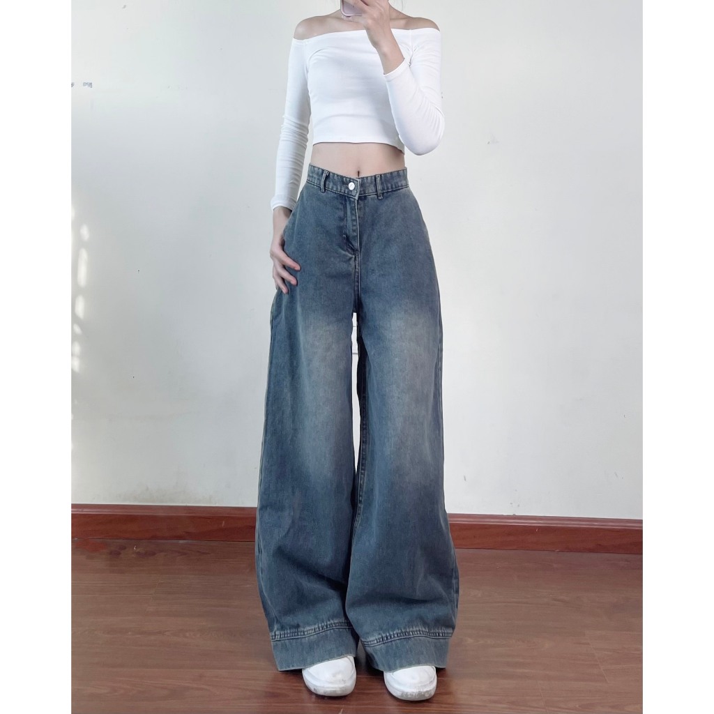Quần jeans suông Joolate ống rộng màu xanh retro 668 P4K17