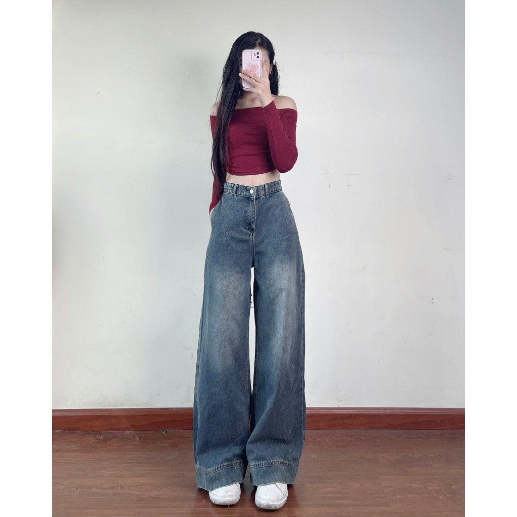 Quần jeans suông Joolate ống rộng màu xanh retro 668 P4K17