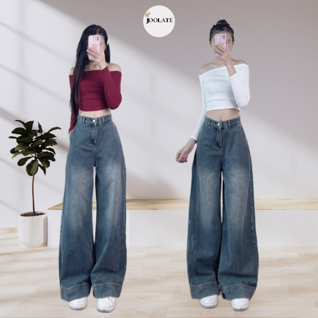 Quần jeans nữ ống suông ống rộng Joolate lưng cao tôn dáng màu xanh retro đi học đi làm đi chơi