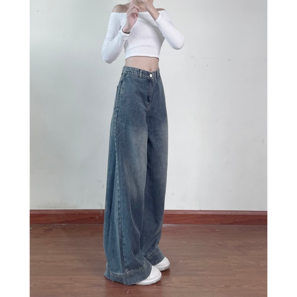 Quần jeans nữ ống suông ống rộng Joolate lưng cao tôn dáng màu xanh retro đi học đi làm đi chơi