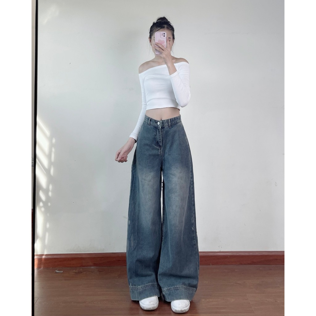 Quần jeans nữ ống suông ống rộng Joolate lưng cao tôn dáng màu xanh retro đi học đi làm đi chơi