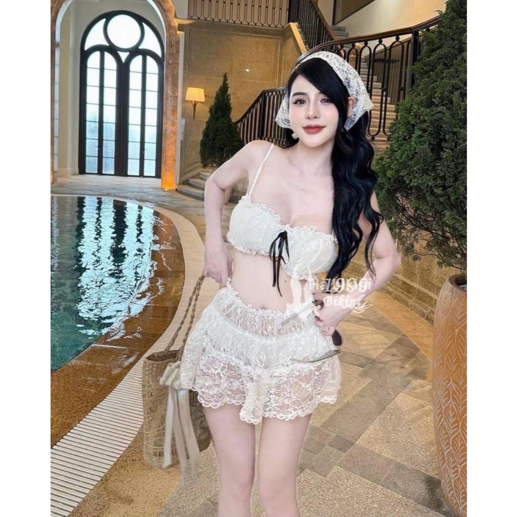 Bikini, Đồ Bơi đi biển Áo bra có mút quần bikin CHÂN VÁY REN kèm khăn có dây tăng đưa, HAN.T Shop