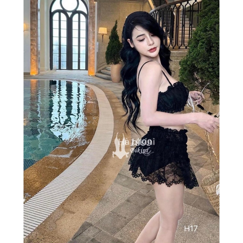 Bikini, Đồ Bơi đi biển Áo bra có mút quần bikin CHÂN VÁY REN kèm khăn có dây tăng đưa, HAN.T Shop