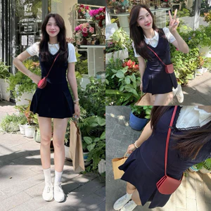 Set Áo Polo Trắng Cổ Đức Mix Yếm Viền Ren Xanh Than Hàng 2 Lớp Siêu Xinh (kèm ảnh thật)
