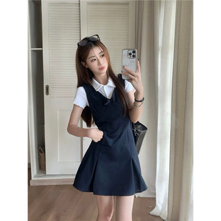 [S2.899] Set Áo Polo Trắng Cổ Đức Mix Yếm Viền Ren Xanh Than Hàng 2 Lớp Siêu Xinh (kèm ảnh thật)