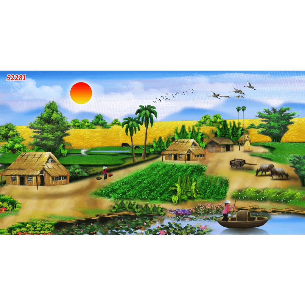 Tranh Lụa 3D Cao Cấp Làng Quê Chiều Hoàng Hôn. KÈM KEO DÁN VÀ DỤNG CỤ...