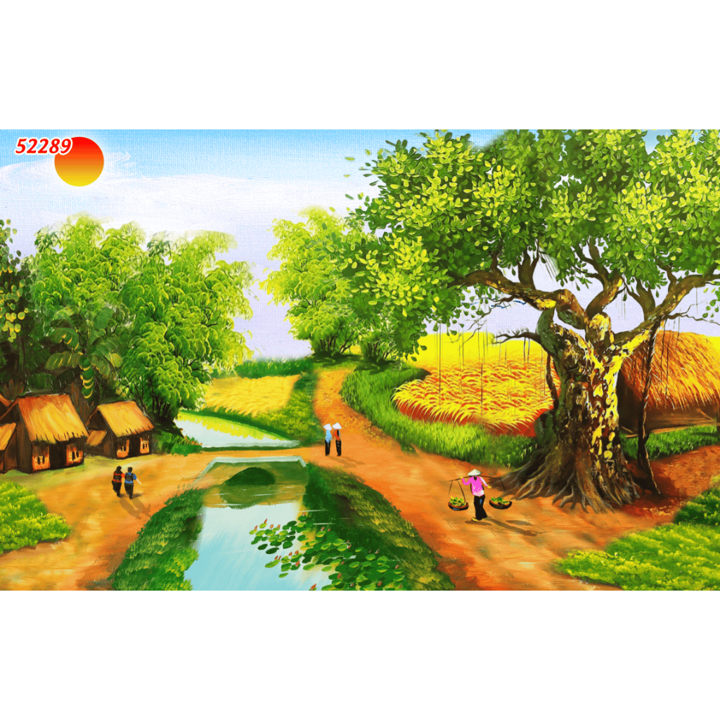 Tranh Lụa 3D Cao Cấp Làng Quê Chiều Hoàng Hôn. KÈM KEO DÁN VÀ DỤNG CỤ...
