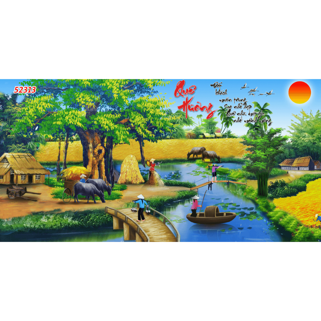 Tranh Lụa 3D Cao Cấp Làng Quê Chiều Hoàng Hôn. KÈM KEO DÁN VÀ DỤNG CỤ...