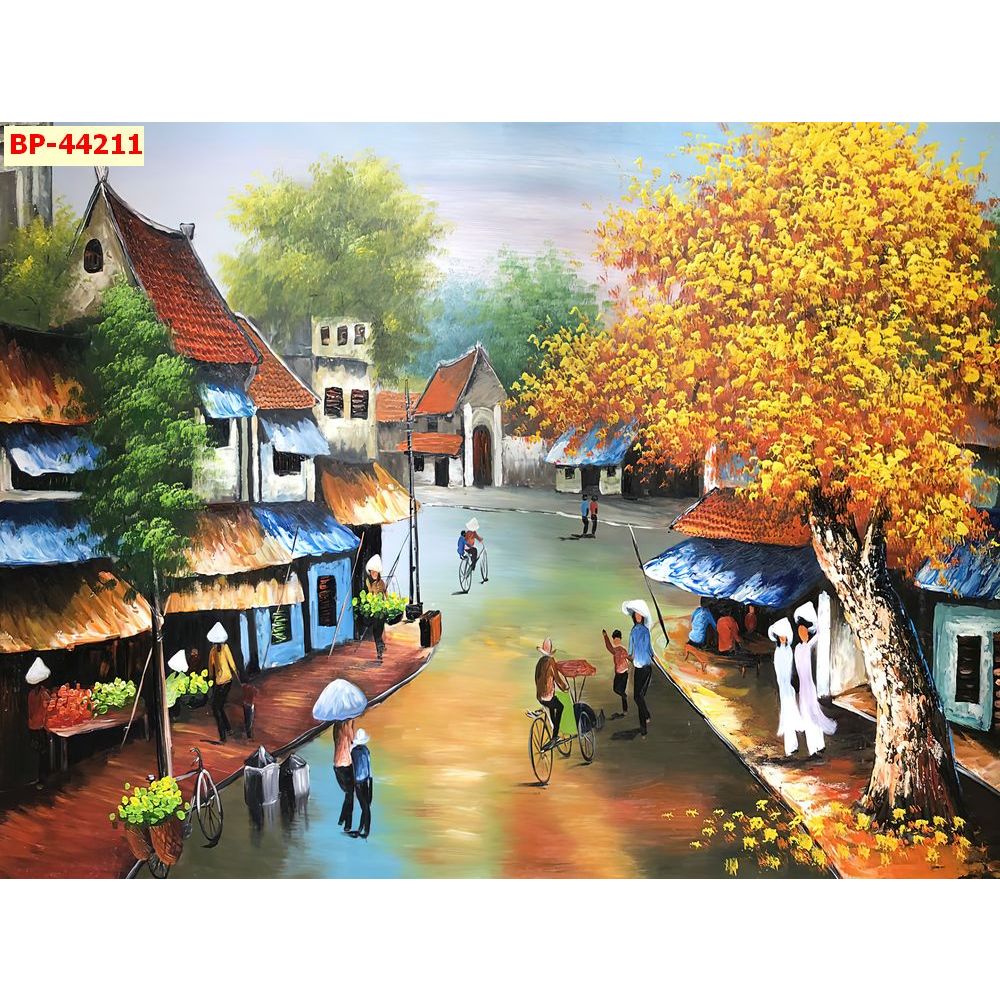 Tranh phong cảnh làng quê mùa thu lá vàng, chất liệu vải lụa dày dặn xé không rách....