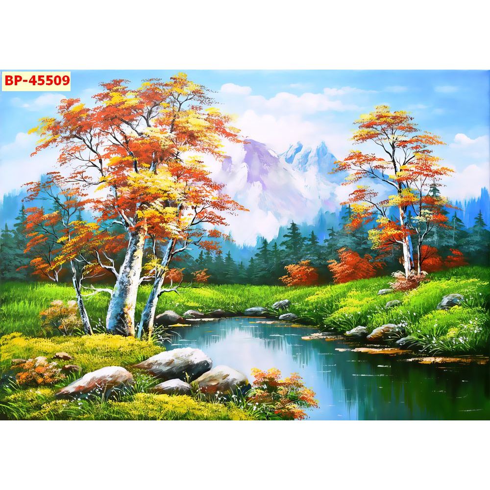 Tranh phong cảnh làng quê mùa thu lá vàng, chất liệu vải lụa dày dặn xé không rách....