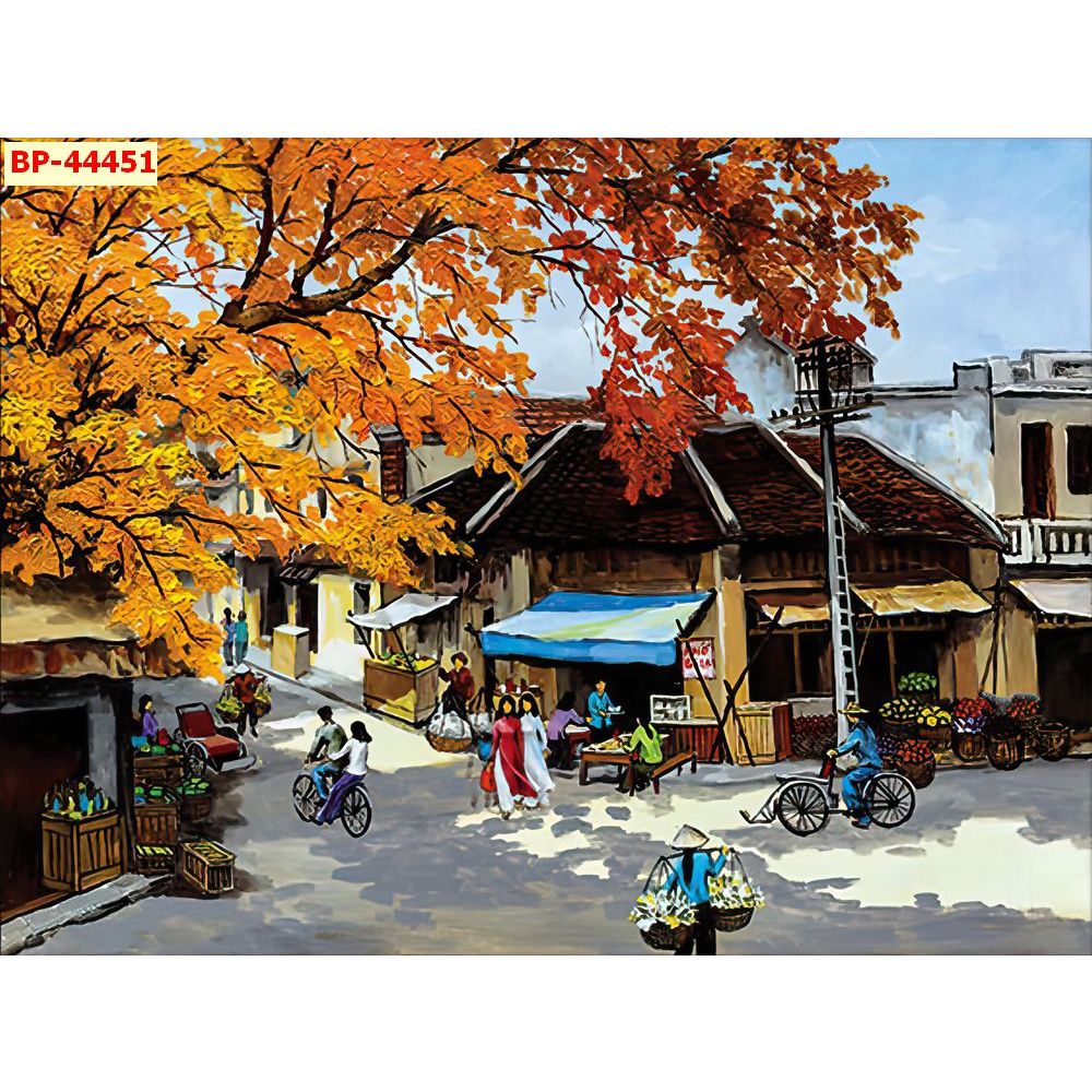 Tranh phong cảnh làng quê mùa thu lá vàng, chất liệu vải lụa dày dặn xé không rách....