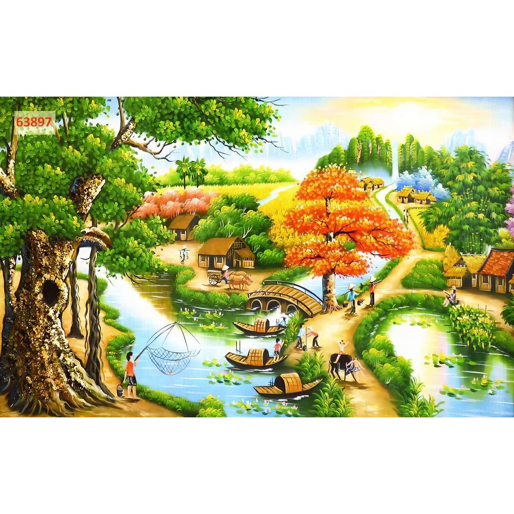Tranh phong cảnh làng quê mùa thu lá vàng, chất liệu vải lụa dày dặn xé không rách....