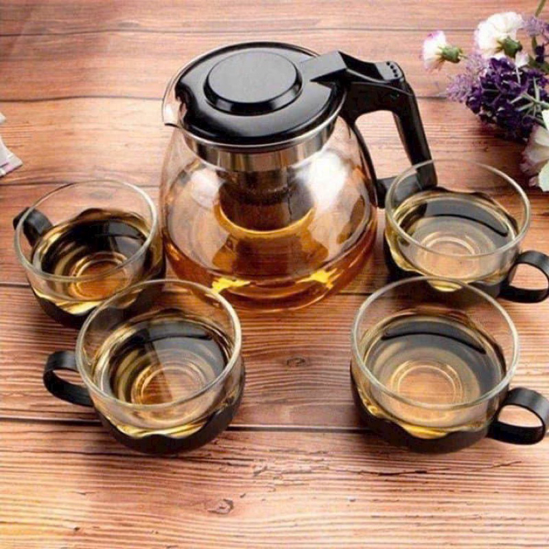 🍃🌿BỘ ẤM PHA TRÀ THỦY TINH CÓ LƯỚI LỌC CAO CẤP🌿🍃🌿 ( kèm 4 cốc)