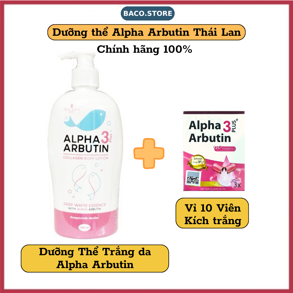 Sữa Dưỡng Thể Trắng Da Alpha Arbutin Collagen Lotion 3+ Plus Thái Lan Dưỡng Trắng Mềm Mại Có Mã QR 500ml