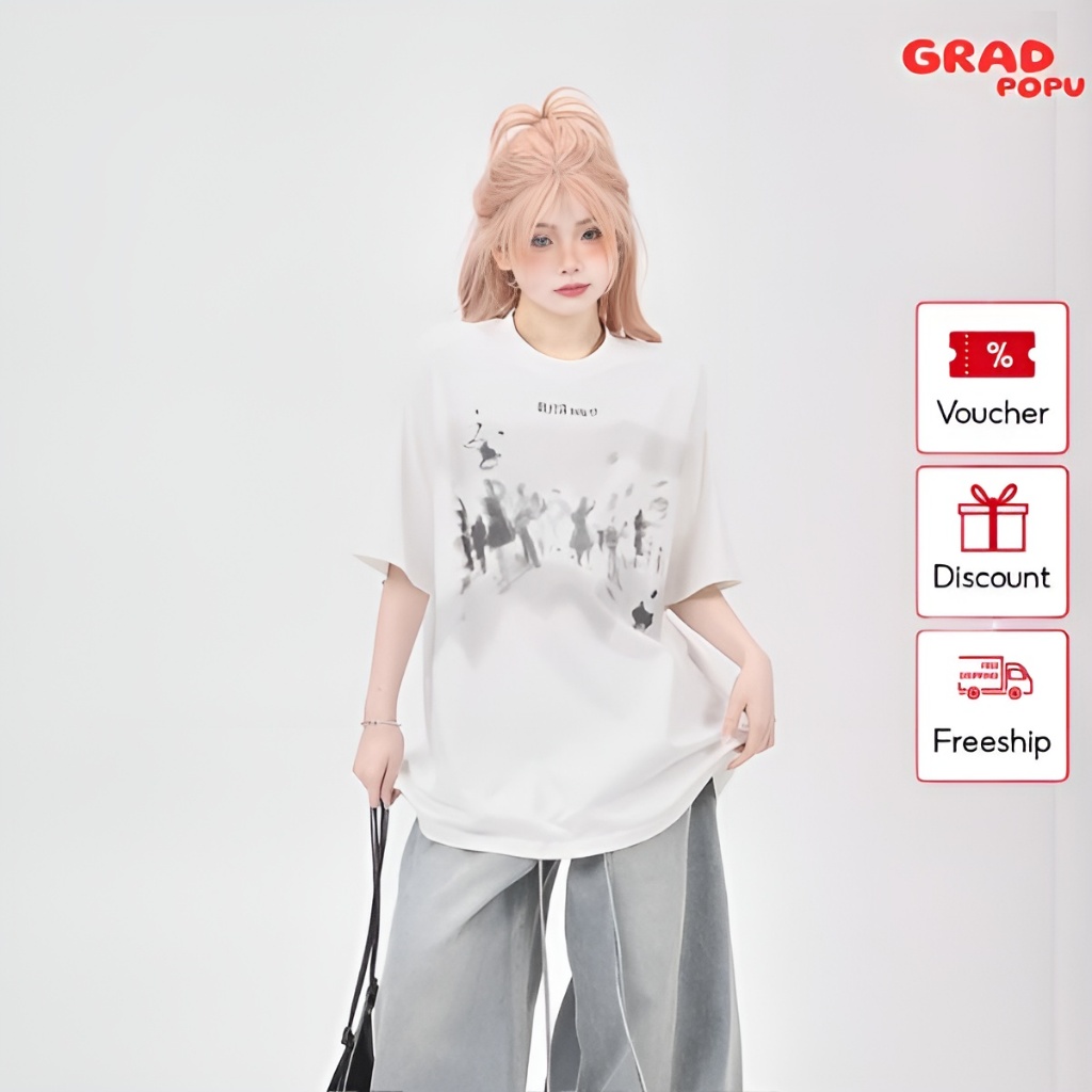 Áo thun nữ GRADPOPU ngắn tay cổ tròn form oversize chất thun cotton thoáng mát hình in cá tính PAT01
