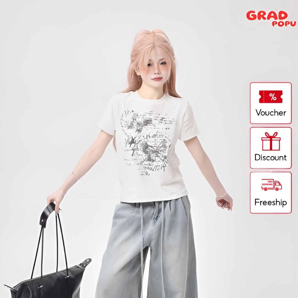 Áo thun nữ GRADPOPU PPAT13 dáng vừa vặn in hình độc đáo, áo phông nữ cổ tròn chất mềm mịn thoáng mát