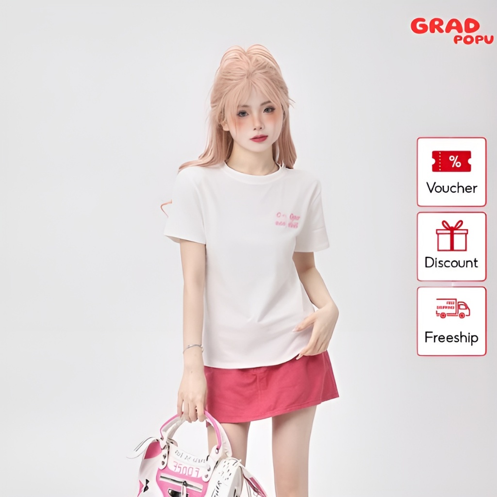 Áo thun nữ GRADPOPU PPAT03 tay ngắn cổ tròn dáng vừa vặn phong cách Hàn Quốc, áo phông thêu chữ chất mềm mịn thoáng mát