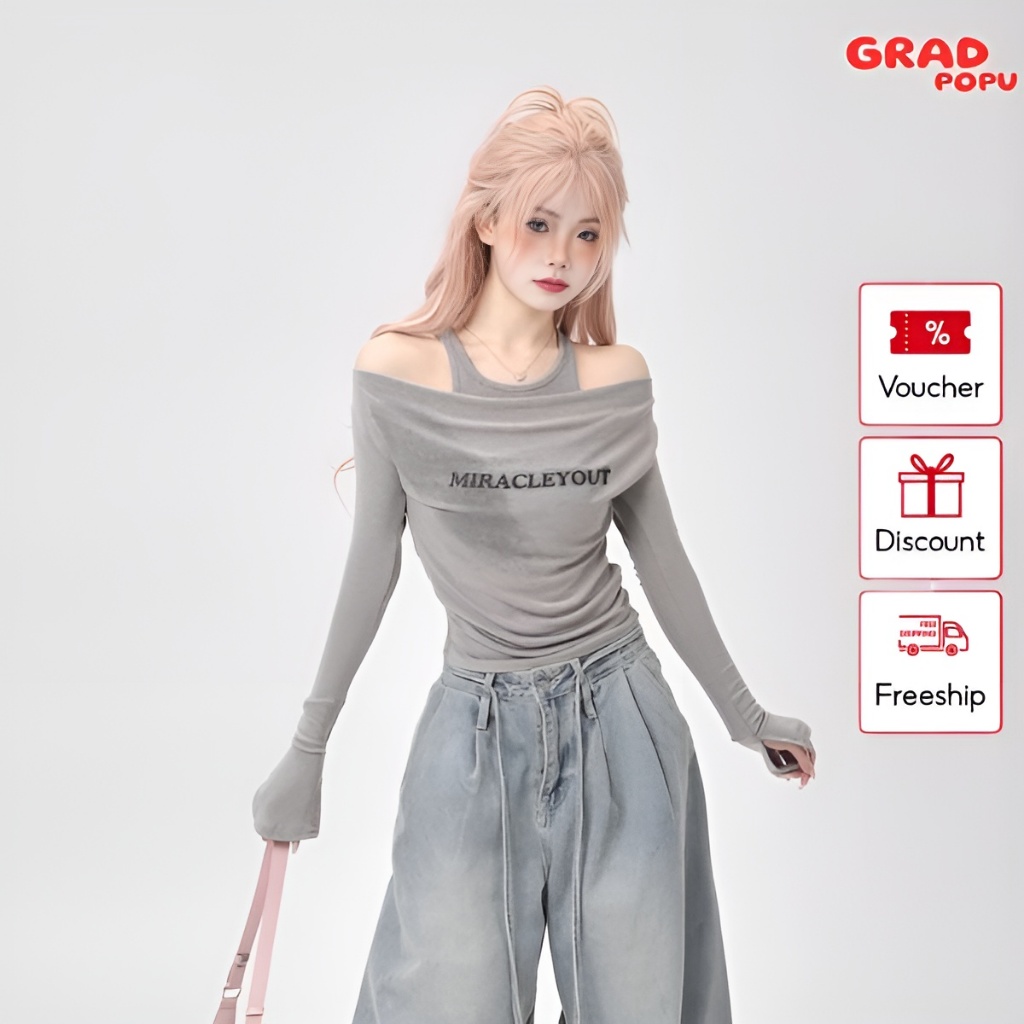 Áo thun trễ vai GRADPOPU dài tay thiết kế cổ 2 dây ngọt ngào áo kiểu nữ dáng ôm thoáng mát PAT05
