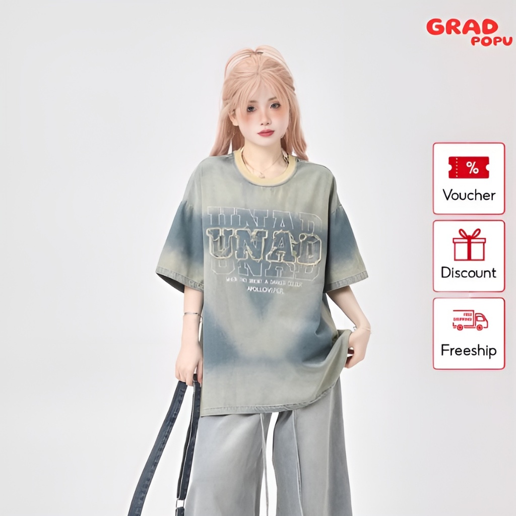 Áo thun nữ GRADPOPU PPAT08 tay ngắn cổ tròn chất denim nhuộm màu độc đáo, thiết kế dáng rộng phong cách retro kiểu Mỹ