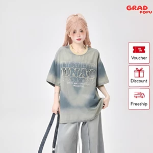 Áo thun nữ GRADPOPU PPAT08 tay ngắn cổ tròn chất denim nhuộm màu độc đáo, thiết kế dáng rộng phong cách retro kiểu Mỹ