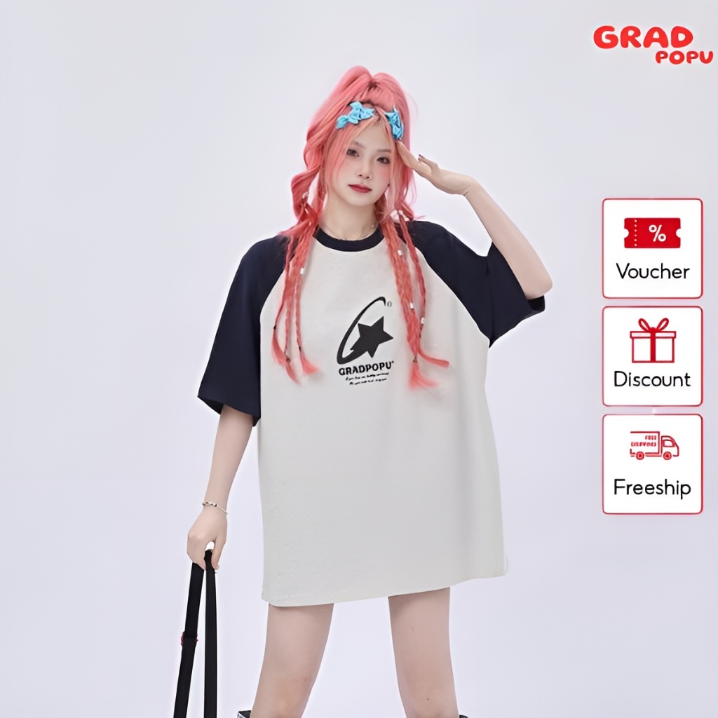 Áo thun nữ GRADPOPU PPAT11 ngắn tay cổ tròn 2 màu xám vàng oversize kiểu Mỹ retro dáng rộng chất thun thoáng mát