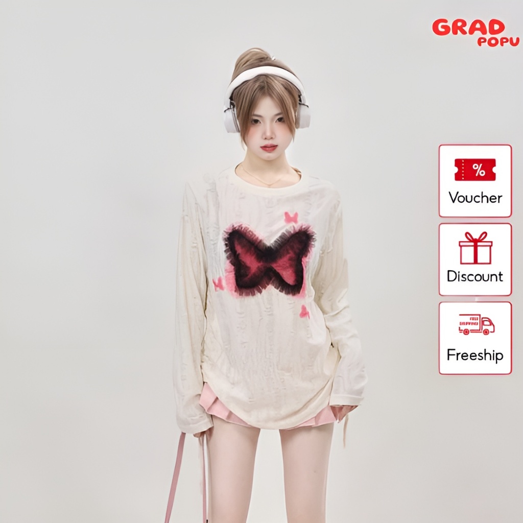 Áo thun nữ dài tay GRADPOPU cổ tròn thêu hình phong cách Wasteland form rộng có dây rút ôm eo PAT02