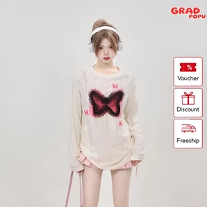 Áo thun nữ dài tay GRADPOPU cổ tròn thêu hình phong cách Wasteland form rộng có dây rút ôm eo PAT02
