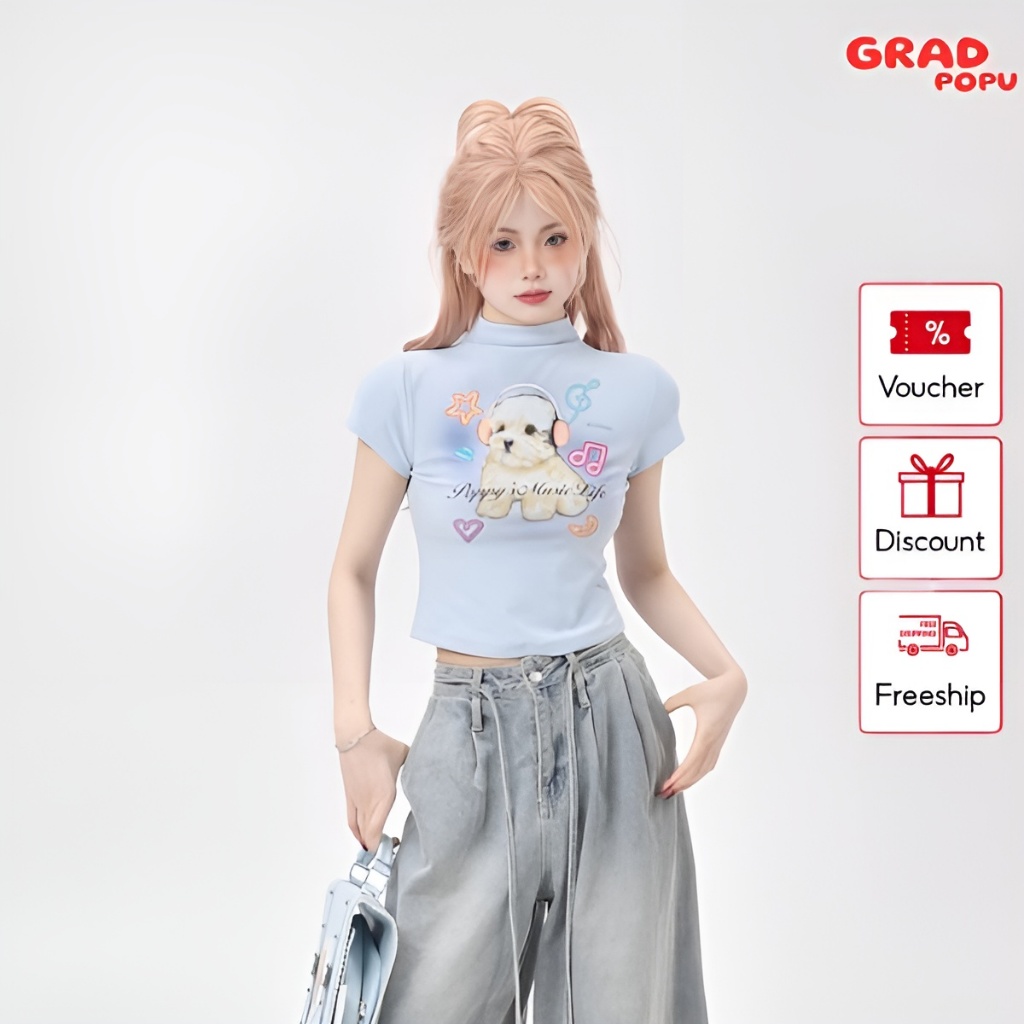 Áo thun babytee nữ GRADPOPU cổ lọ ngắn tay in hình cún con form ôm, thun cotton thoáng mát PAT06